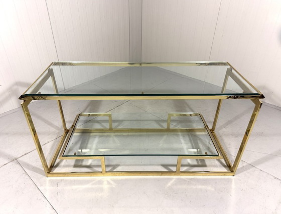 Image 1 of Mesa consola de latón y cristal, años 70