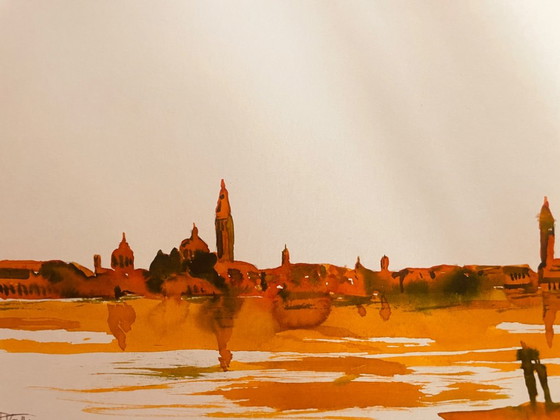 Cuadro Firmado: Paisaje Italiano al Amanecer 'Amanecer sobre Venecia' – Arte, Paper (photo 2 of 11)