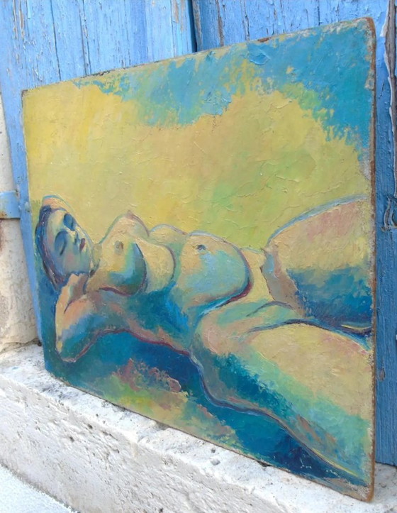 Image 1 of Origineel vintage olieverfschilderij "Nu Couché" Expressionistische liggende naaktfiguur op paneel