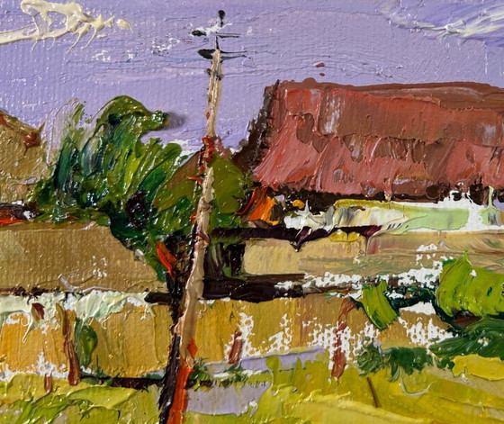 Image 1 of Origineel olieverfschilderij: Zomerdorplandschap, ontspanning vlakbij huis