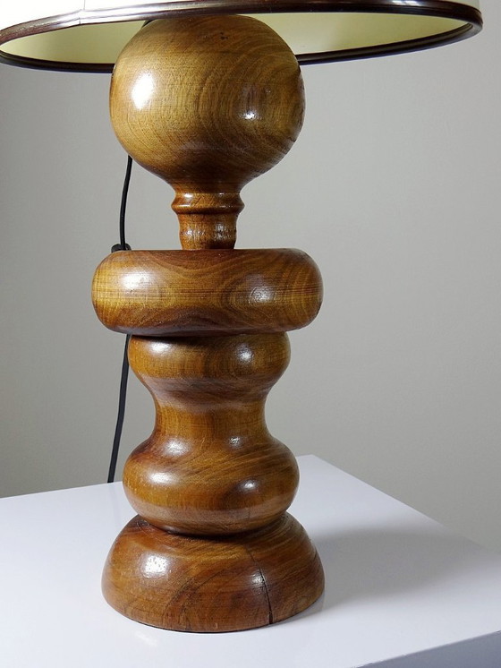Image 1 of Impressive vintage Scandinavian style lamp, designed in carved turned wood with a ring