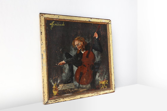 Image 1 of Peinture sur bois du 20e siècle signée S. Gil représentant un violoncelliste dans un théâtre à Paris