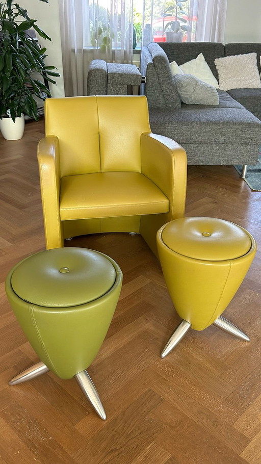 Leolux set fauteuil + 2 Tamtam krukjes