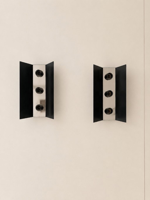 Pair of vintage wall sconces, black metal and chrome, France, 1970