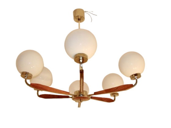 Image 1 of Modern chandelier from the 1970s – metal, teak wood and glass, 6xE14