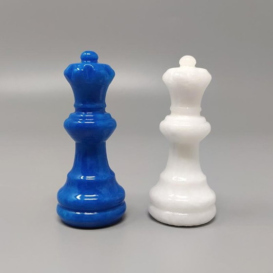 Image 1 of 1970s Gorgeous Sky Blue and White Chess Set in Volterra Alabaster Handmade. Made in Italy