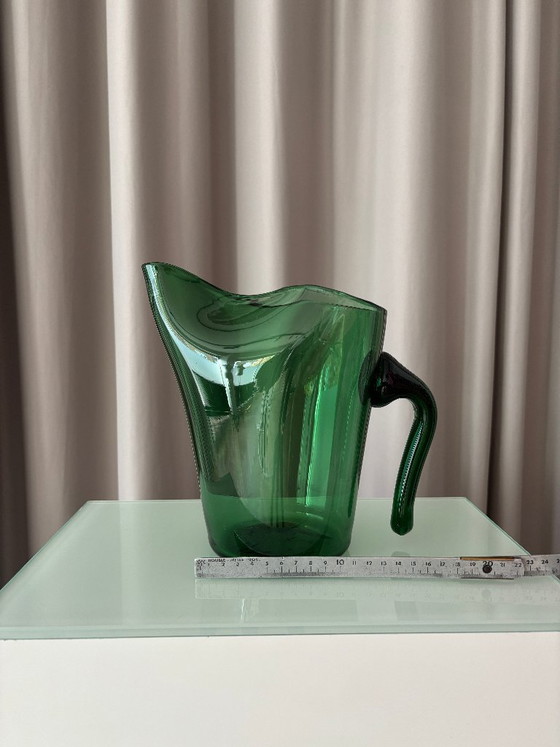 Vintage Emerald Green Art Glass Pitcher, Sculptural Organic Design, Glass & Decanter, Organic Modern (photo 10 of 11)