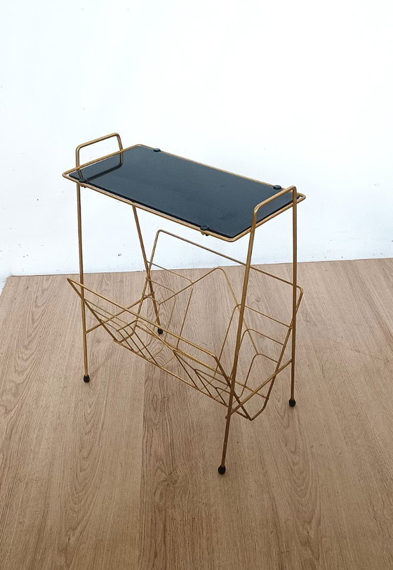 Image 1 of Fifties side table with magazine rack and glass top