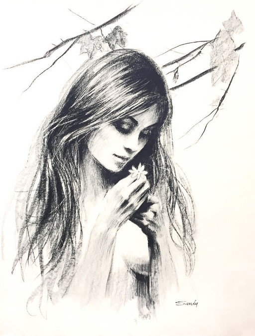 Monochrome Lithograph Drawing Nude Woman with Flower by Sandu Liberman 1971 Art