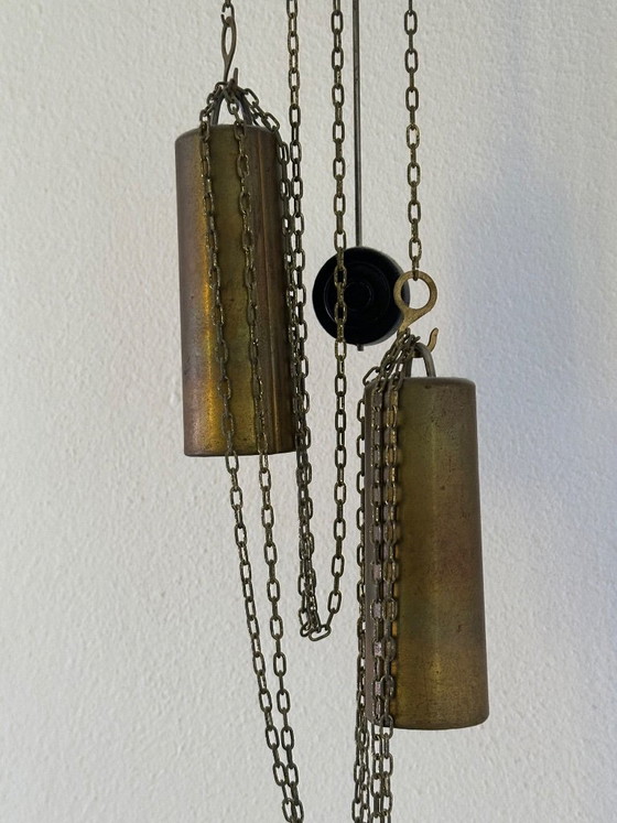 Antike Wanduhr mit Emaille-Zifferblatt und Gewichten – Uhren, Glass, Metal (photo 6 of 6)