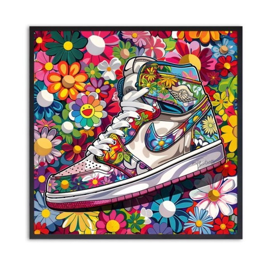Image 1 of Treize : Nike Jordan par Takashi Murakami. Signé à la main et numéroté 6/10. Cadre en bois inclus. En excellent état.