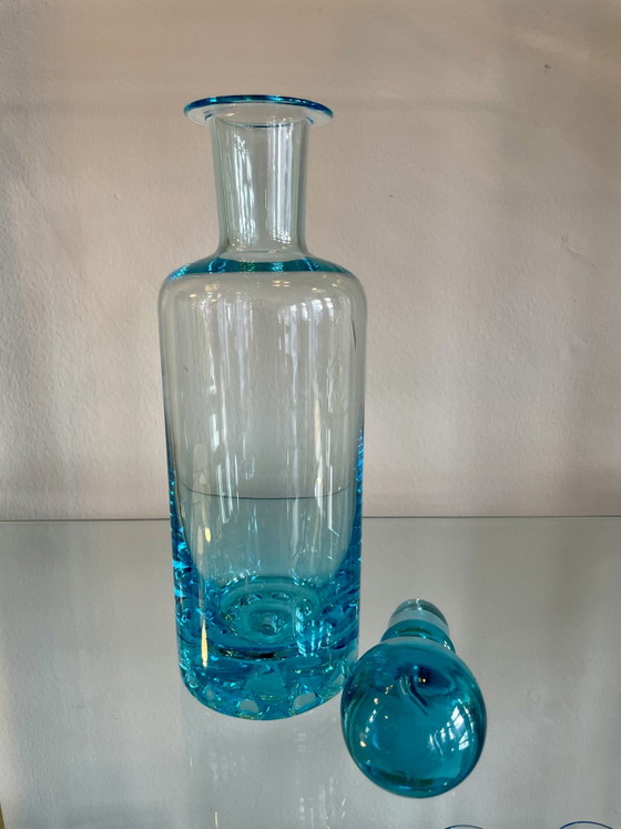 Image 1 of Mondgeblazen karaf/schenkkan/fles van turkooizen kristalglas