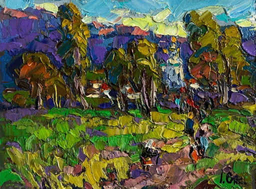 Original Oil Painting Summer Village Landscape Morning ringing of church bells