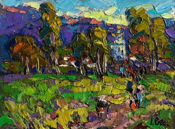 Image 1 of Original Oil Painting Summer Village Landscape Morning ringing of church bells