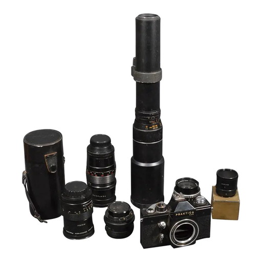 Vintage Praktica LLC 35mm SLR Camera Set With Carl Zeiss Jena Pancolar, Pentacon Lenses, Admiral 500mm Lens and Accessories
