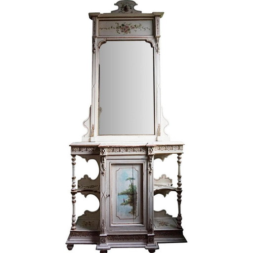 Consola italiana vintage pintada a mano con espejo y diseño floral, década de 1920