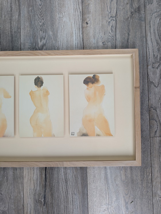 Image 1 of RARE Vintage IKEA LINDERÅS shadow box framed art of  watercoloured JAPANESE nudes from the 90s