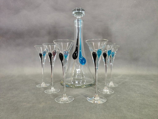 Boheemse Crystalex handgeblazen karaf met zes glazen, set uit de jaren 1990.