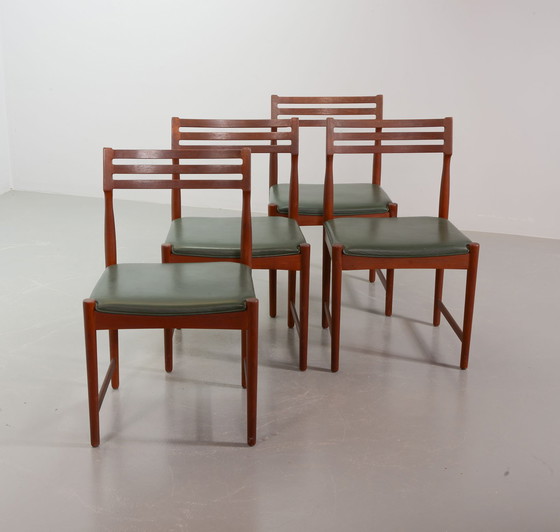 Image 1 of Bovenkamp Vintage Design Teak Wooden Dining Chairs with Racing Green Leather Seatings by Severin Hansen. Set of 4. Denmark, 1960