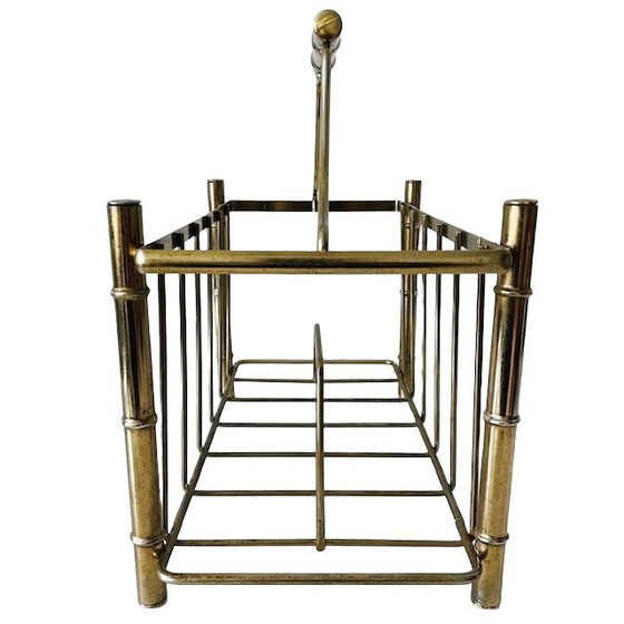 Image 1 of Vintage Hollywood Regency Faux Bamboo Newspaper Rack Magazine Basket Gold Metal Magazine Rack 1960s