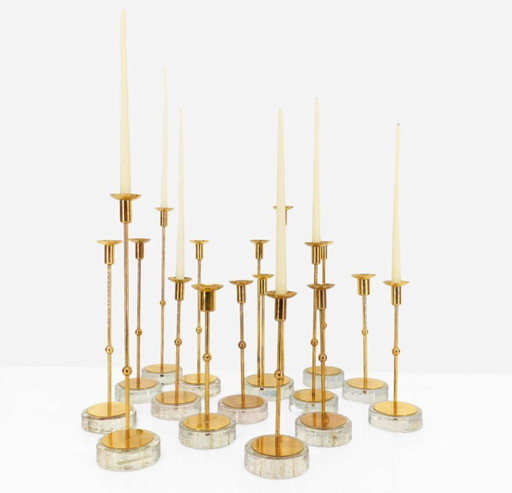 Set von 15 skandinavischen Kerzenhaltern aus Messing und Glas, Gunnar Ander, Ystad Metall, Schweden 1960