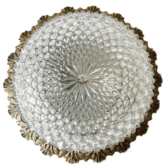 Image 1 of Vintage French Baroque ceiling lamp, faceted glass, Hollywood Regency ceiling light, brass, 1960s