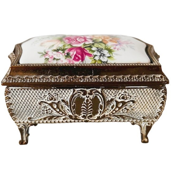 Image 1 of Vintage barok sieradendoosje goud porselein bloemen 1950's