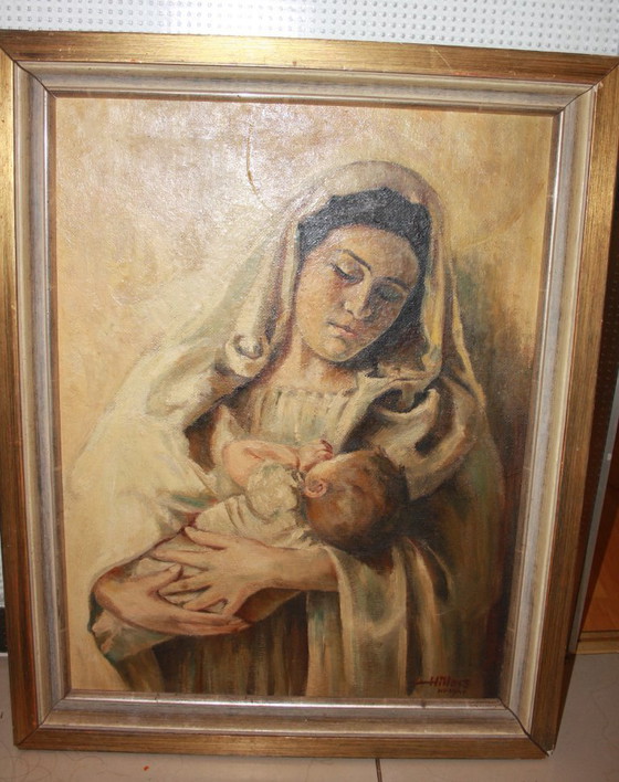 Image 1 of Virgen con el Niño - Pintura al óleo original firmada por Hillers