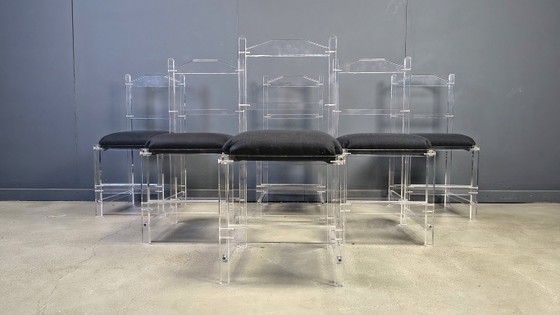 Lucite Or Plexi Dining Chairs, 1970s - Set Of 6 – Plexiglass, Textile (photo 11 of 12)