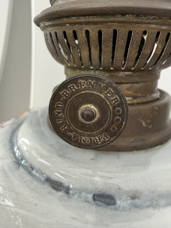 Image 1 of Antique kerosene lamp with ceramic floral decoration and P&A burner – ca. 1900