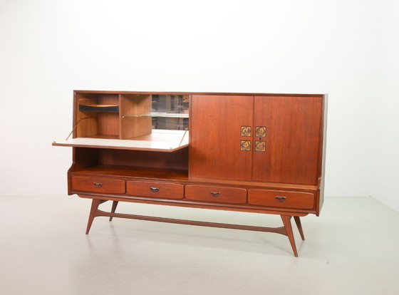 Image 1 of Mid-Century Louis van Teeffelen Design Teak Wooden High Sideboard for Webe with Ceramic Ravelli Tiles. The Netherlands, 1960s