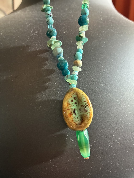 Image 1 of New necklace with green vintage beads and pendant 48 cm