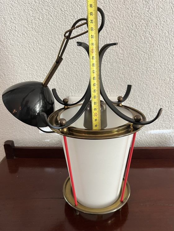 Image 1 of Unique Italian vintage pendant lamp | 1950s | Wrought iron, brass & opaline glass