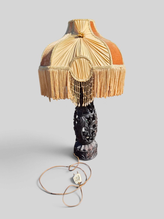 Magnifique lampe orientale sculptée à la main avec abat-jour vintage – Luminaires, Textile, Velvet (photo 3 of 5)
