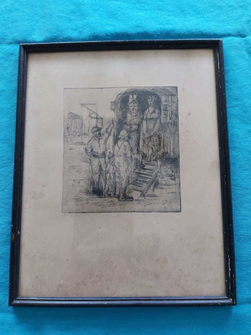 Framed antique etching with caravan ?Ed vd Meulen? '19?