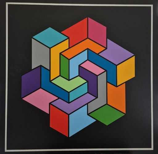Geometric painting "Impossible Shape" - colorful abstract artwork on MDF (Franklin van Dam, 95x95 cm)