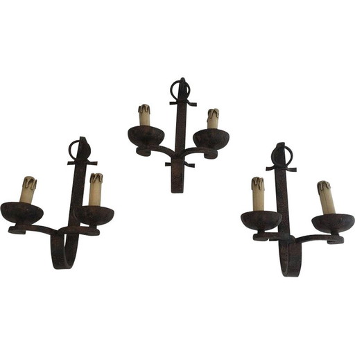 Set of 3 vintage wrought iron wall lamps, France 1950