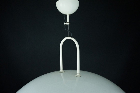 Image 1 of Vintage 1990s White Pendant Lamp with Glass Top Shade. Italy