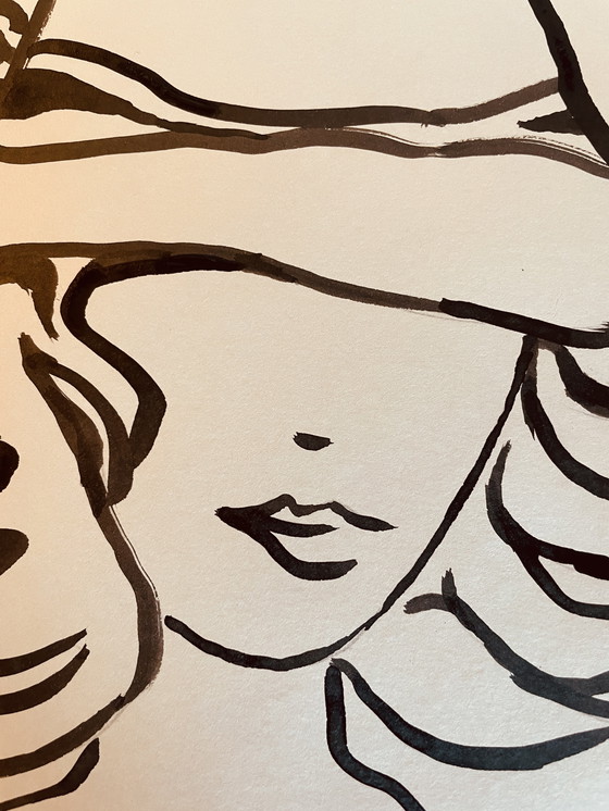 Image 1 of Retrato femenino de moda, "Sombrero", pintura firmada, grabado en tinta china