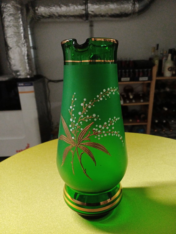 Image 1 of Vintage vase green with gold overlay.
