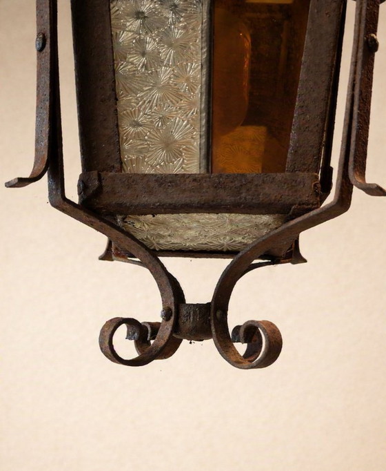 Lanterne/Suspension Art Déco française antique, vitrail. – Art Deco, Metal (photo 13 of 14)