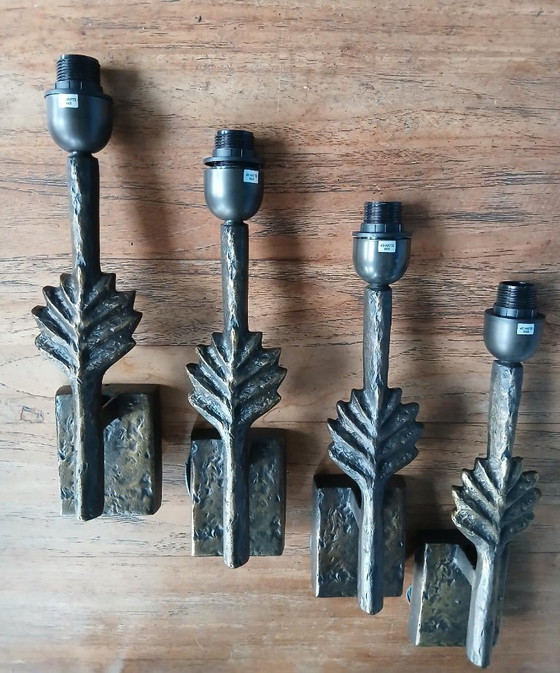 Image 1 of Rari e unici 2 o 4 applique da parete in bronzo con motivo a foglia di pianta di Lucien Gau, modello Folio