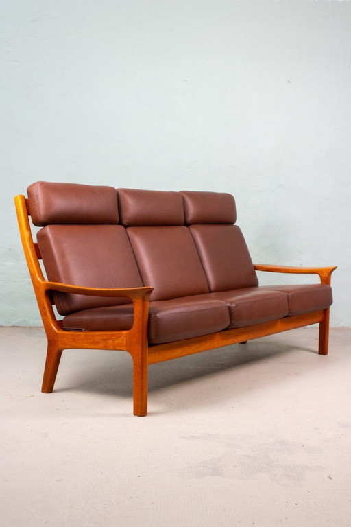 Canapé vintage en teck, style danois, Juul Kristensen, cuir, milieu du siècle