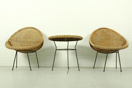 Image 1 of 1950s Italian Rattan Basket Chairs & Matching Bistro Table Set