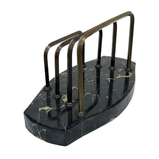 Image 1 of Art Deco Executive Desk Set: Letter Holder and Blotter – Portoro Marble and Brass – 1930s