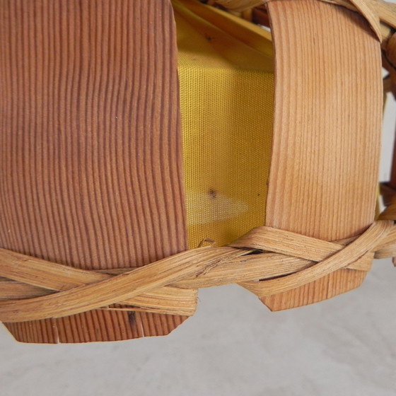 Image 1 of Lampada a sospensione vintage con paralume in rattan, foglia di palma e tessuto, anni '70