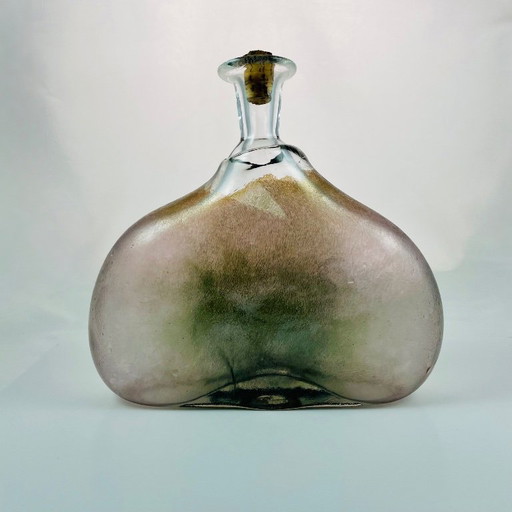 Art Glass Decanter – Attributed to Erik Höglund – Swedish Design – Frosted Brown & Clear Glass – Sculptural Bottle with Cork – S