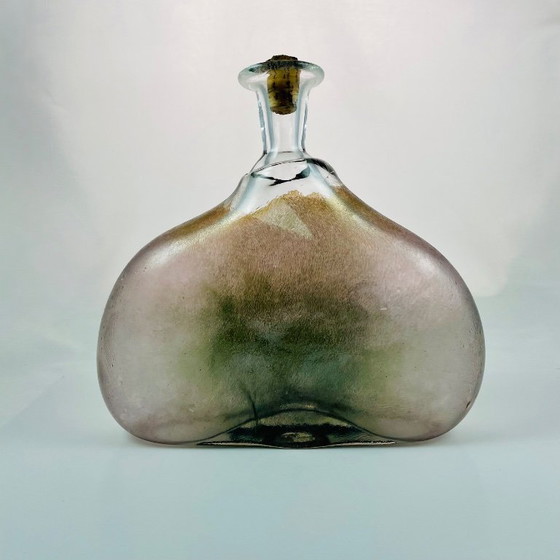 Image 1 of Art Glass Decanter – Attributed to Erik Höglund – Swedish Design – Frosted Brown & Clear Glass – Sculptural Bottle with Cork – S