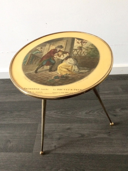 Italian Design Brass Tripod Side Table w printed top 1950's