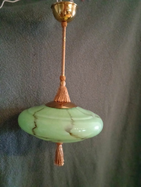 Image 1 of Duitsland 1930. Prachtige vintage Art Deco plafondlamp met groen opaalglas.